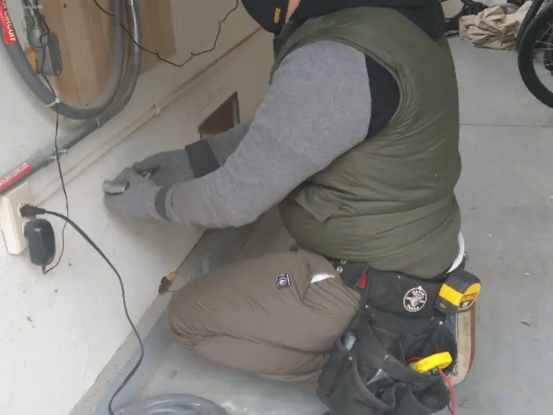 Electrician performing outlet wiring in a Beecher garage
